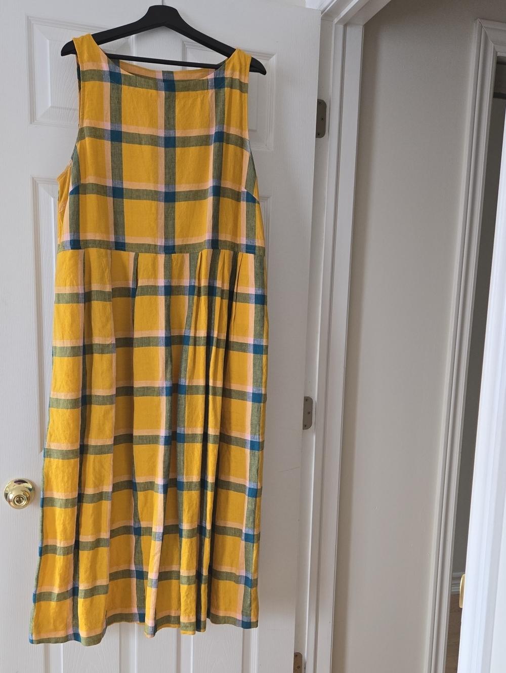 LINEN Yellow Plaid Sleeveless Casual Dress